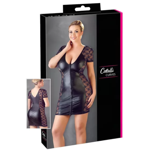 Cottelli Plus Size - sukienka erotyczna z kokardką i koronką - czarna - 2XL