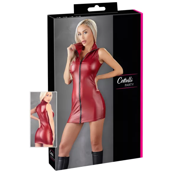 Cottelli Party - lśniąca, bezrękawnikowa mini sukienka z zamkiem (czerwona) - M
