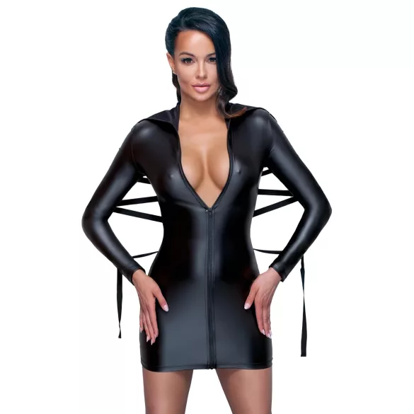 Cottelli Bondage - sukienka lateksowa z paskiem do wiązania - czarna - M