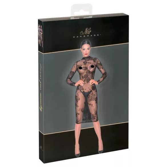 Noir - przezroczysta, kwiecista sukienka z długim rękawem (czarna) - M