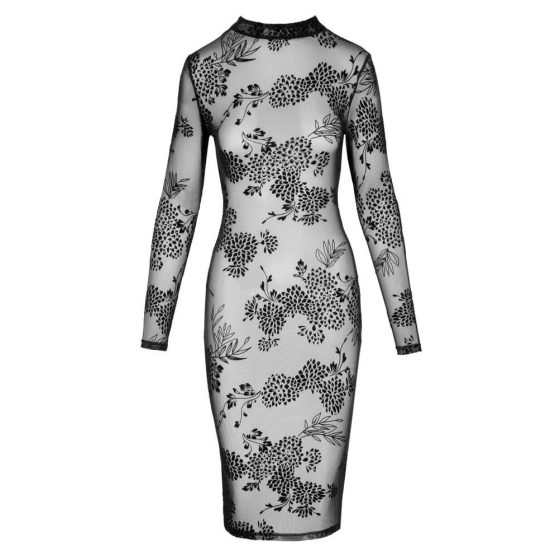 Noir - półprzezroczysta kwiatowa sukienka z długim rękawem (czarna) - M