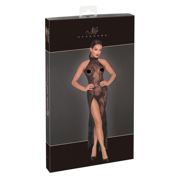 Noir - sukienka długa przezroczysta w kwiaty - czarna