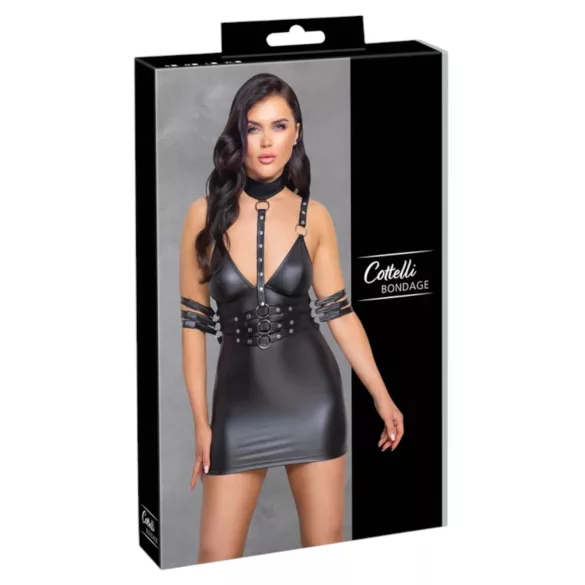 Cottelli Bondage - sukienka mini z kołnierzem - błyszcząca - czarna