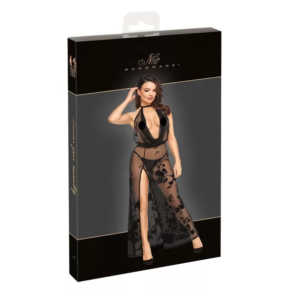Noir - przezroczysta czarna sukienka maxi w kwiaty - M
