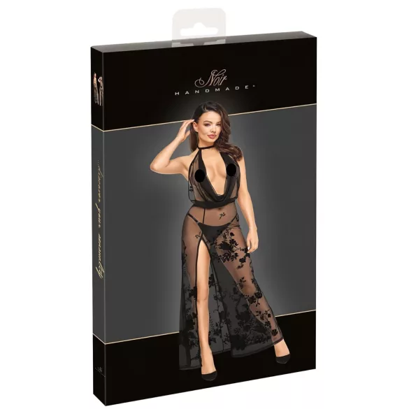 Noir - przezroczysta czarna sukienka maxi w kwiaty - L
