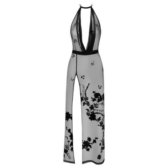 Noir - przezroczysta czarna sukienka maxi w kwiaty - XL