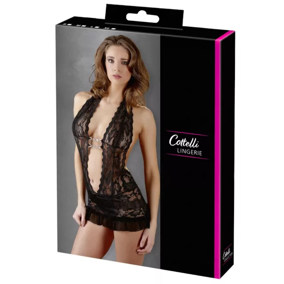 Cottelli - mini sukienka koronkowa na szyję - czarna - L