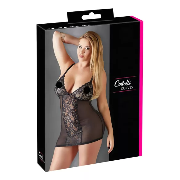 Cottelli Plus Size - koszulka nocna koronkowa przezroczysta - czarna - 4XL