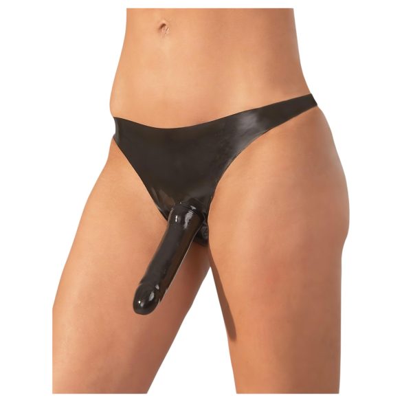 Lateksowe majtki z zewnętrznym dildo - czarne (S-L)