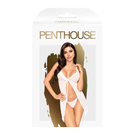 Penthouse After Sunset - falbaniasta, prześwitująca koszulka ze stringami (biała)