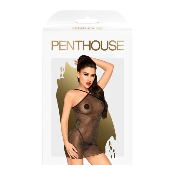 Penthouse Bombshell - błyszcząca, prześwitująca sukienka ze stringami (czarna) - M/L