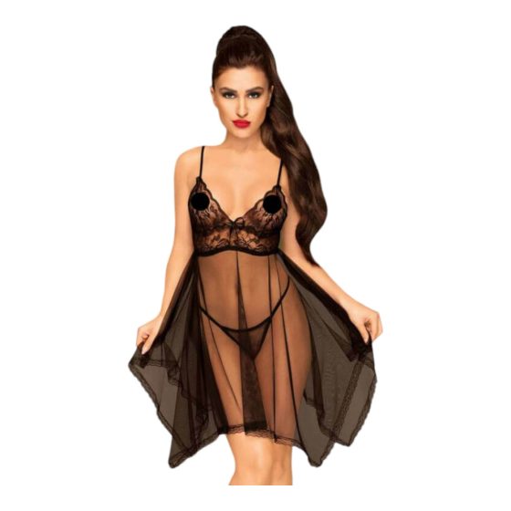 Penthouse Naughty Doll - asymetryczna koronkowa sukienka ze stringami (czarna) - M/L