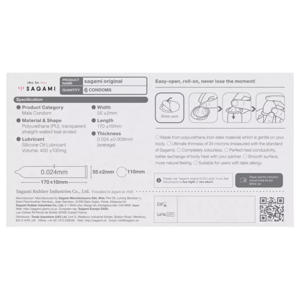 Sagami Original 0.02 - prezerwatywy - ultracienkie - 55mm (6 sztuk)