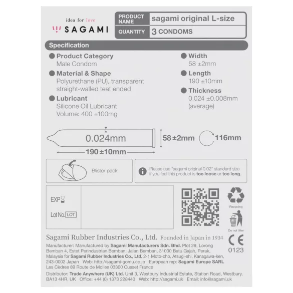 Sagami Original 0,02 L - prezerwatywy - ultracienkie - 58mm - 3 sztuki