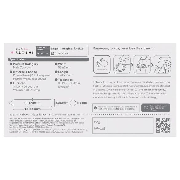Sagami Original 0,02 L - prezerwatywy - ultracienkie - 58 mm - 12 sztuk