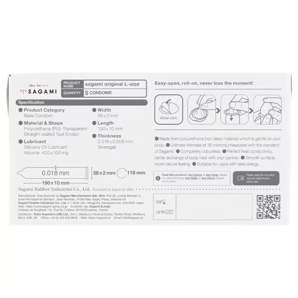 Sagami Original 0,01 L - prezerwatywy - ultracienkie - 58mm - 5 sztuk