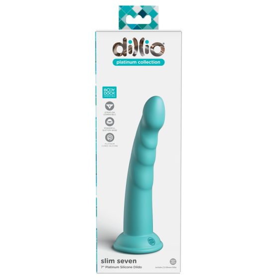 Dillio Slim Seven - dildo stymulujące z lepką nakładką (20 cm) - turkusowy