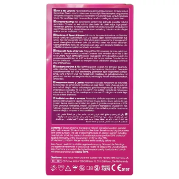 Skins - prezerwatywy prążkowane i z wypustkami - 8 sztuk