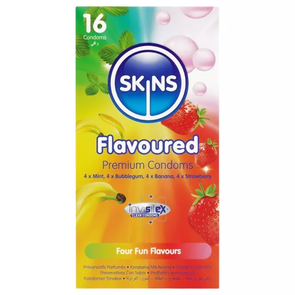 Skins - prezerwatywy smakowe - mięta, guma do żucia, banan, truskawka (16 szt.)