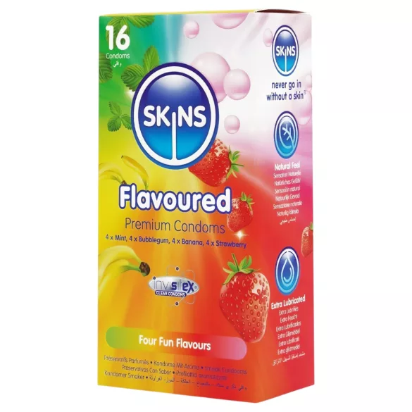 Skins - prezerwatywy smakowe - mięta, guma do żucia, banan, truskawka (16 szt.)