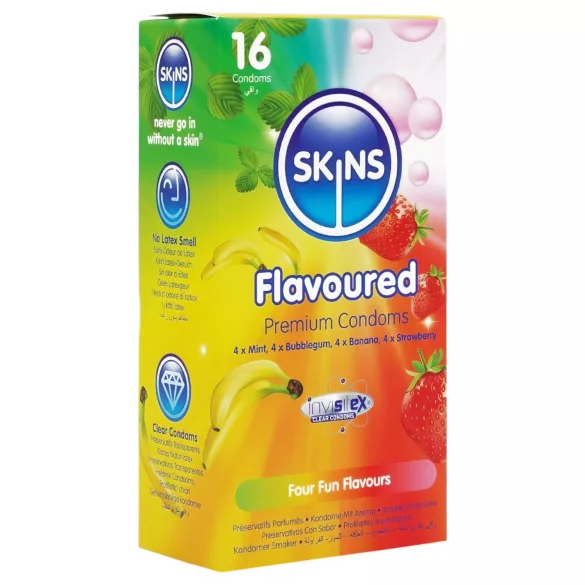 Skins - prezerwatywy smakowe - mięta, guma do żucia, banan, truskawka (16 szt.)