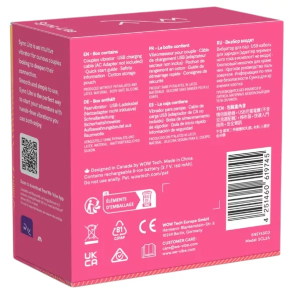 We-Vibe Sync Lite - wibrator dla par sterowany aplikacją i pilotem (różowy)