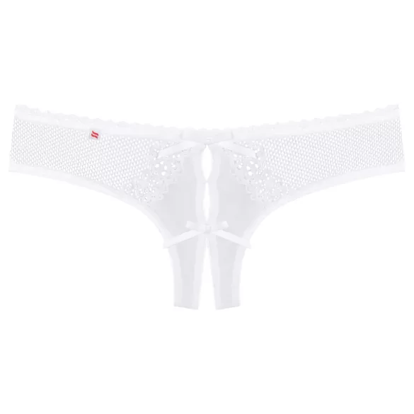 Obsessive - stringi damskie otwarte - kwiatowy wzór, kokarda - białe - L/XL