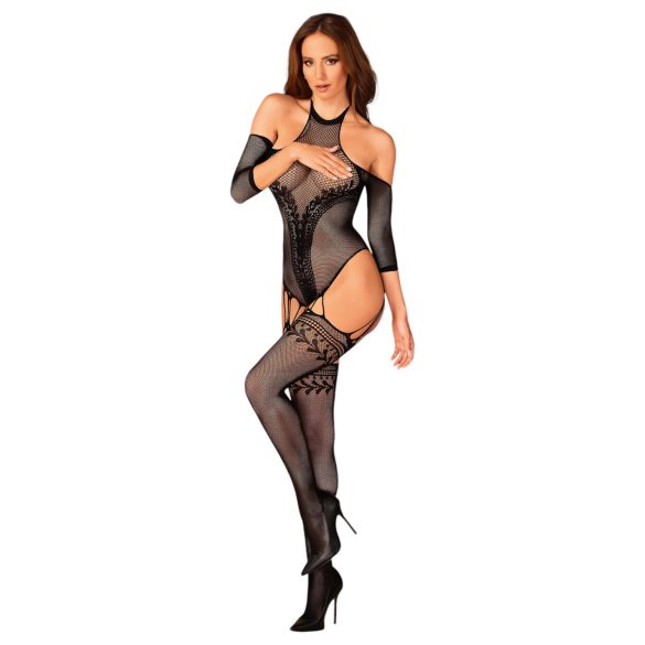 Obsessive - bodystocking siateczkowy wzorzysty - czarny - S-L