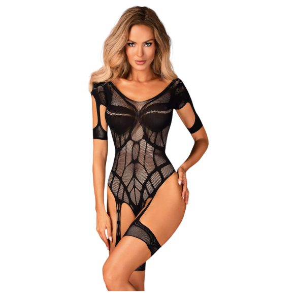 Obsessive - wzorzyste otwarte siateczkowe body (czarne) (S-L)