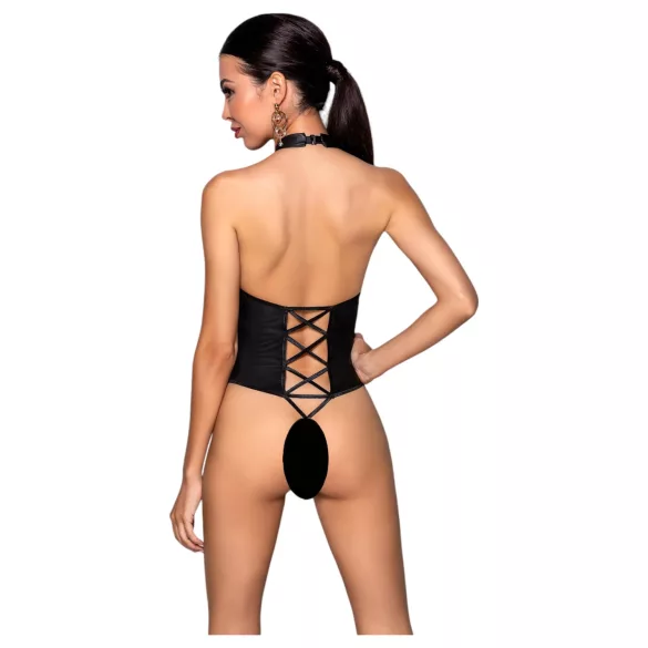 Passion - body z otwartym krokiem i paskami na krzyż - czarny - L/XL