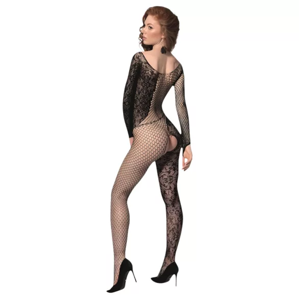 Passion BS107 - kombinezon siateczkowy w kwiaty - czarny - S-L