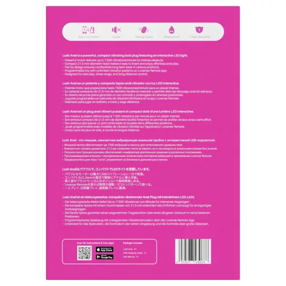 Lovense Lush Anal - wibrator analny sterowany aplikacją, z diodą LED - różowy