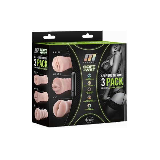 M For Men 3 Pack - zestaw wibrujących masturbatorów (naturalny)