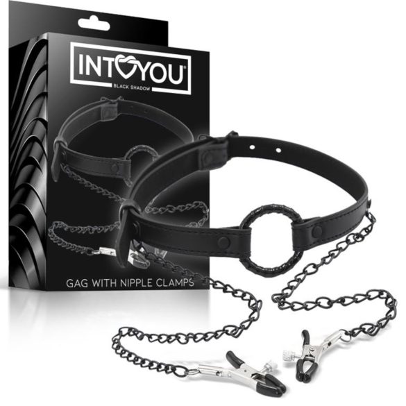 INTOYOU - knebel z zaciskami na sutki (czarny)