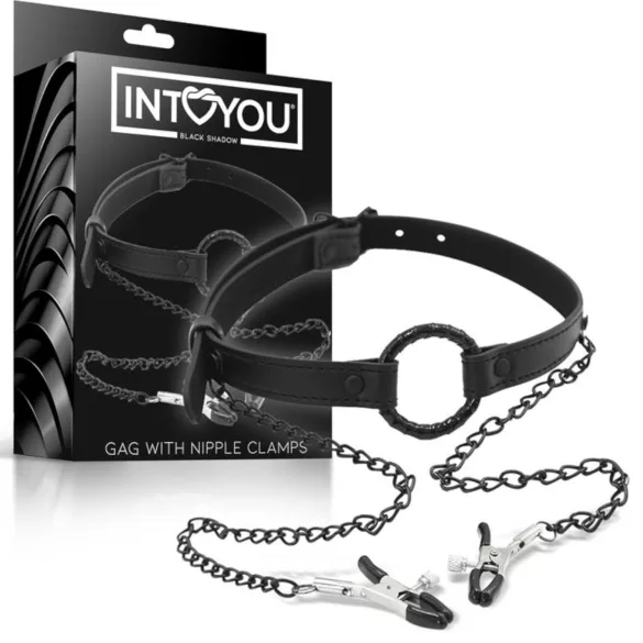 INTOYOU - knebel z klamrami na sutki - czarny