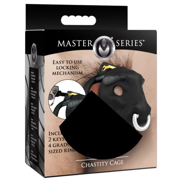 Master Series Bull - czarna klatka na penisa z motywem byczej głowy