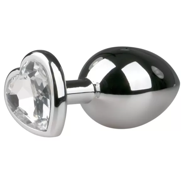 Easytoys - korek analny metalowy z sercem - biały kryształ - srebrny