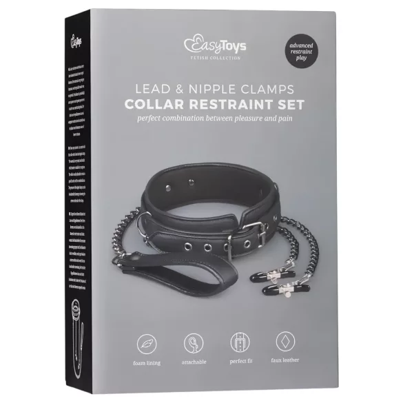 Easytoys - zestaw zacisków na sutki z obrożą i smyczą - 4 części