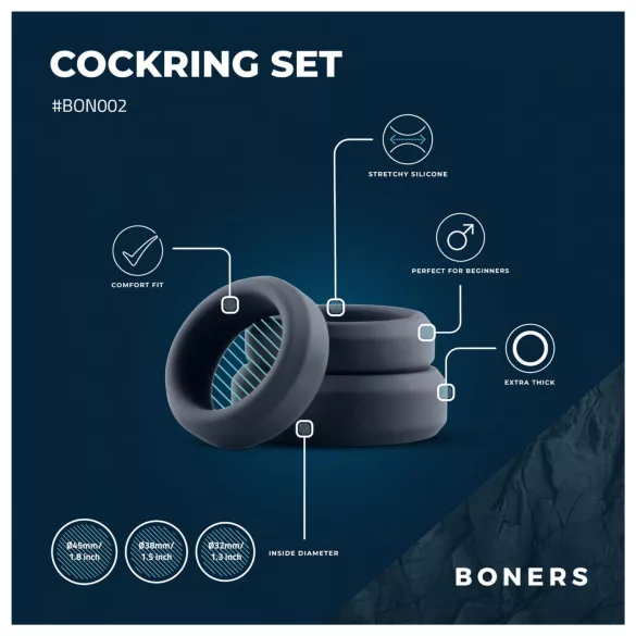 Boners - zestaw silikonowych pierścieni na penisa - 3 sztuki - szary