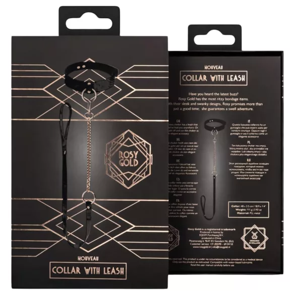Rosy Gold - obroża i smycz - skóra ekologiczna - czarny/różowe złoto