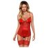 Obsessive Lovica - koronkowy top z pasem do pończoch i stringami (czerwony) - L/XL