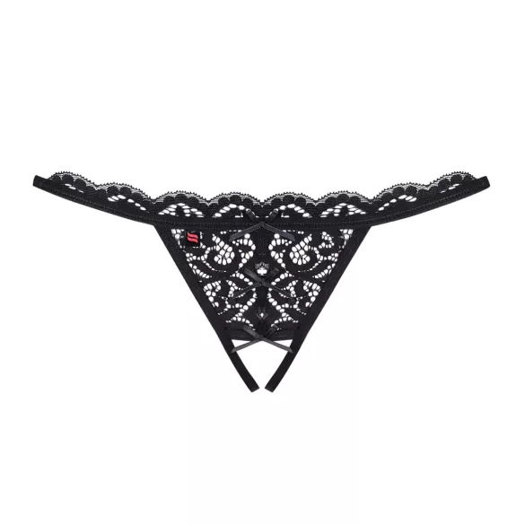 Obsessive - stringi z koronką i kokardką - czarne - otwarty krój - L/XL