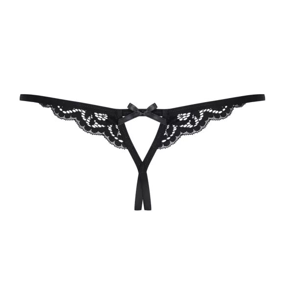 Obsessive - stringi z koronką i kokardką - czarne - otwarty krój - L/XL